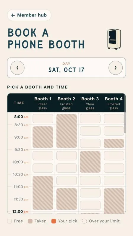 Booking a phone booth on a phone: tap 9:30 on Booth 1, tap plus to make it an hour, tick three boxes, tap Book, and Phone Booth 01 is yours.