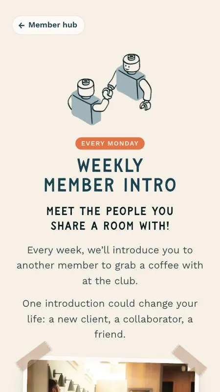 Signing up for intros on a phone: answer a few short questions, see your next four Mondays, tap Sign me up, and you're on the list.